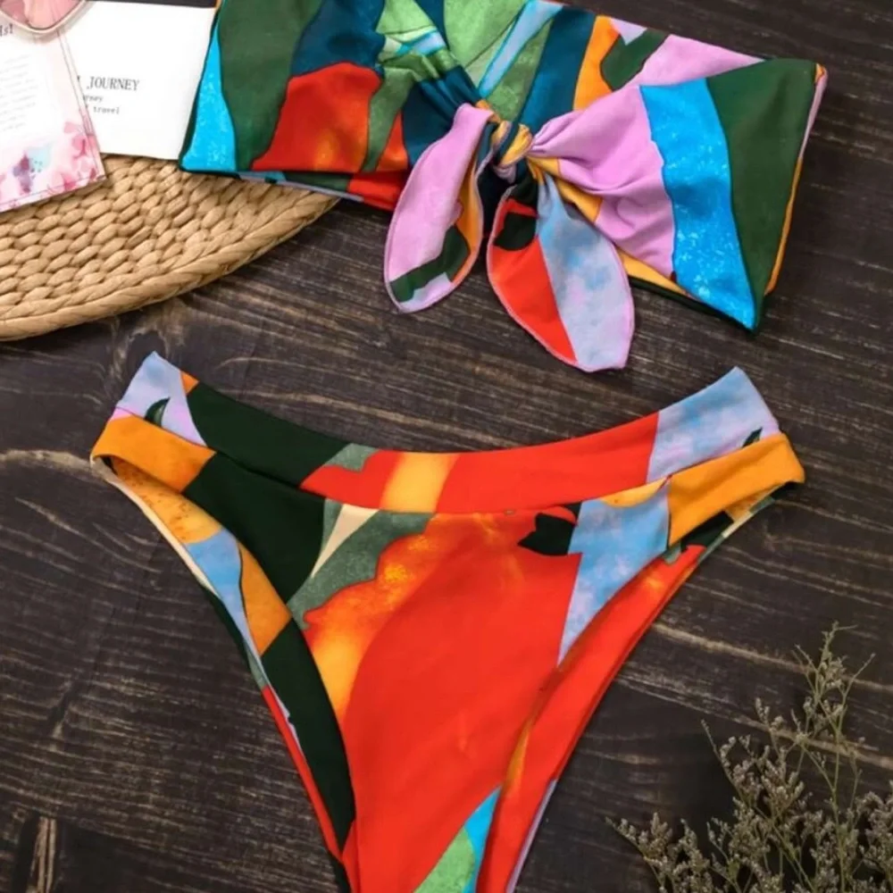 Floral  high waisted  tie front color block bikini - Picture 2 of 4